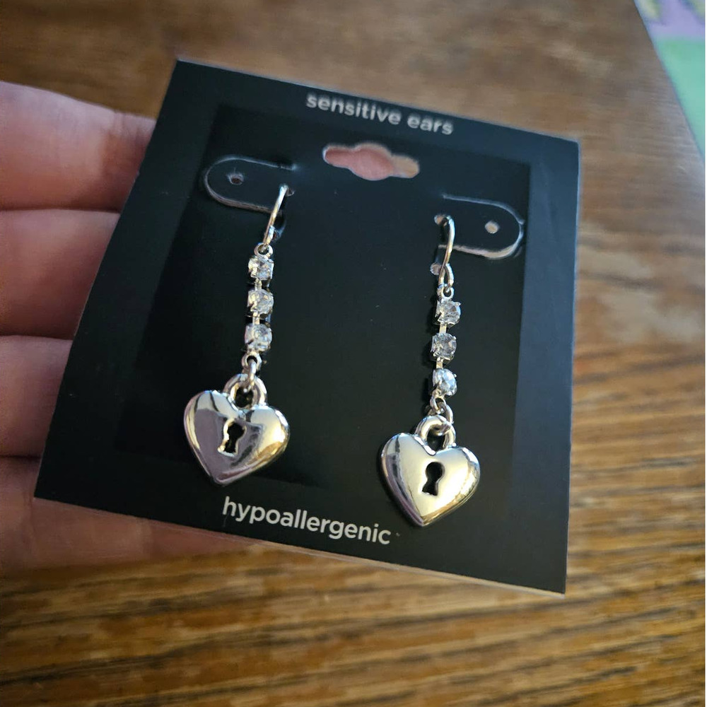 JCP Silver-Tone Rhinestone Chain Heart Lock Drop Earrings ~ Hypoallergenic